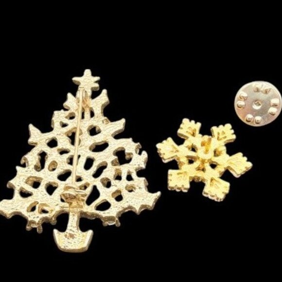 Christmas Tree and Snowflake Brooch Gold Tone White Glitter Enamel Rhinestones - Picture 4 of 9